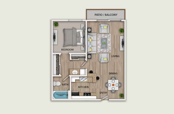 Floor Plan  A floor plan of a small apartment with a bedroom, living room, kitchen, and bathroom.