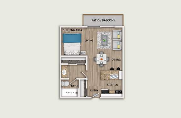 Floor Plan  A floor plan of a small apartment with a sleeping area, living room, dining area, kitchen, bathroom, and entry.