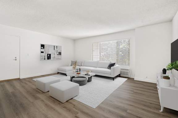 Floor Plan  a living room with a white rug and couches