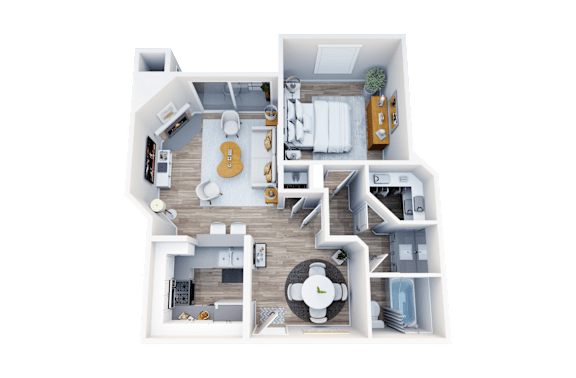 Floor Plan  A top-down view of a house layout with a kitchen, living room, and bedrooms.