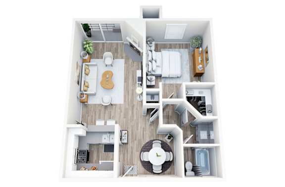 Floor Plan  A top-down view of a small, neatly organized apartment with a kitchen, living room, and bathroom.