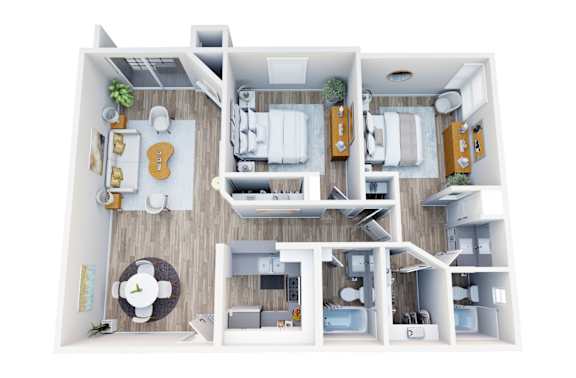 Floor Plan  A 3D floor plan of a house with a kitchen, living room, and bathroom.