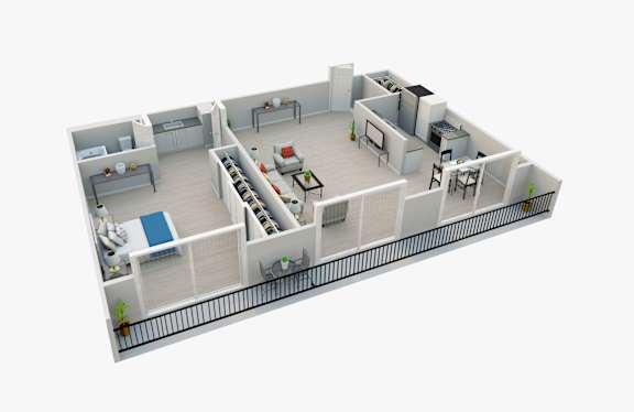Floor Plan  A 3D rendered image of a modern house interior.