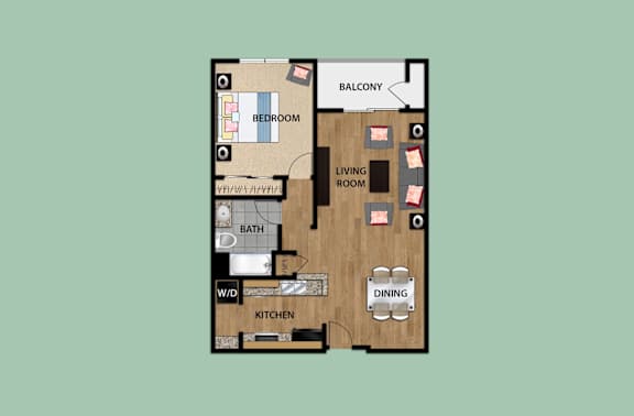 Floor Plan  A floor plan of an apartment with a balcony, living room, dining area, kitchen, bathroom, and bedroom.