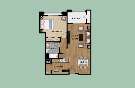 Floor Plan  A floor plan of an apartment with a balcony, living room, dining room, kitchen, bathroom, and bedroom.