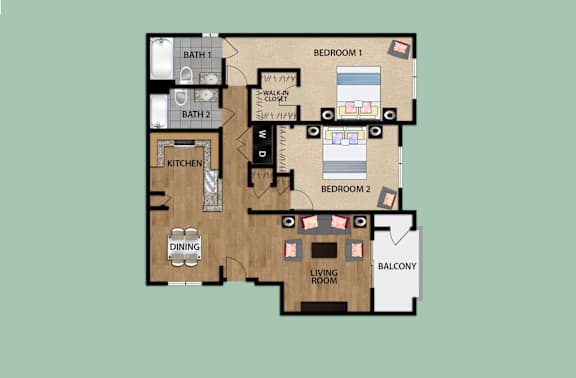 Floor Plan  A floor plan of a house with two bedrooms, a kitchen, a dining area, a living room, and a balcony.