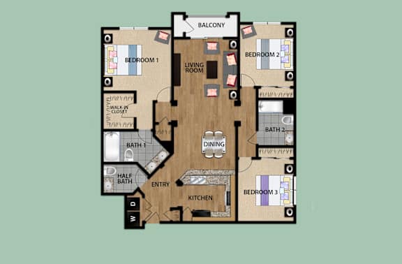 Floor Plan  A floor plan of a house with three bedrooms, two bathrooms, a living room, a dining room, a kitchen, and an entry.