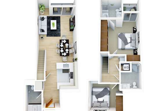 Floor Plan  A floor plan of a two-story apartment with a living room, kitchen, and bedrooms.