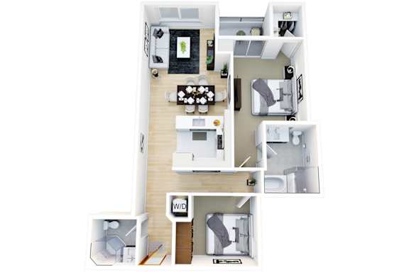 Floor Plan  A floor plan of a small apartment with a kitchen, living room, and bedroom.
