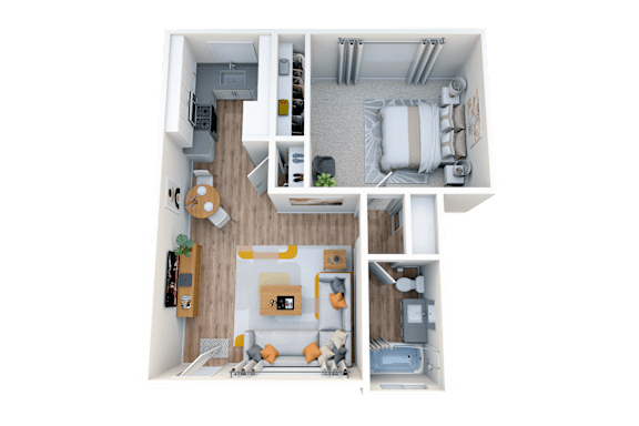 Floor Plan  A 3D floor plan of a small apartment with a kitchen, living room, and bathroom.