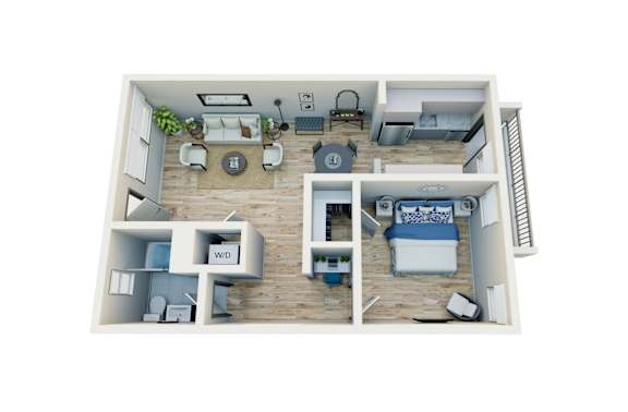 Floor Plan  A 3D rendered image of a small apartment layout.