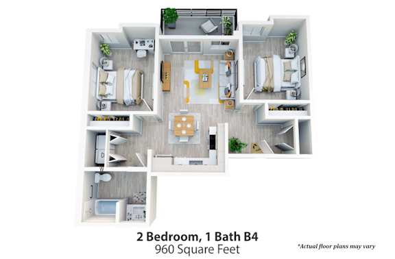 Floor Plan  A floor plan of a 2 bedroom, 1 bathroom apartment with a total area of 960 square feet.