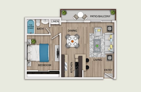 Floor Plan  A floor plan of a small apartment with a bedroom, living room, kitchen, and bathroom.