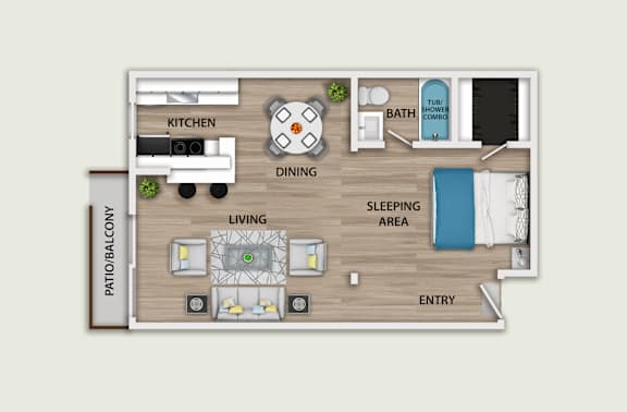 Floor Plan  A floor plan of a small apartment with a living area, kitchen, dining area, bathroom, and sleeping area.