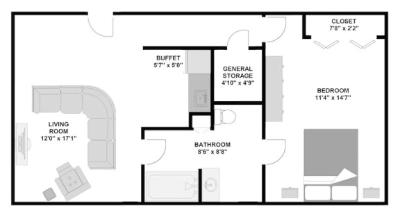 Floor Plan  1 bedroom 1 bathroom apartment 572 square feet