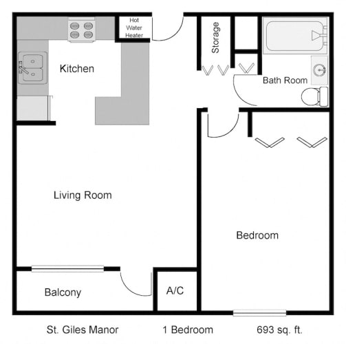 Floor Plan  One Bedroom one bathroom apartment at St. Giles Manor