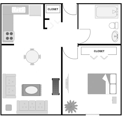 Floor Plan  445 square foot, one bedroom apartment with living room, kitchen, bathroom
