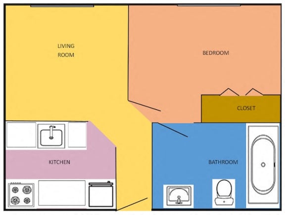 Floor Plan  1 bedroom 1 bathroom floor plan with kitchen, living room, and closet