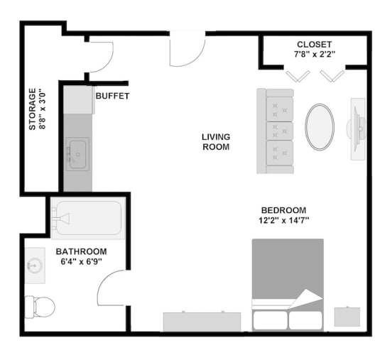 Floor Plan  Efficiency Apartment 323 square foot floor plan