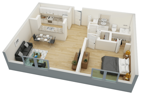 Floor Plan  530 square foot 3D floor plan of Villa Seton one bedroom, one bathroom apartment