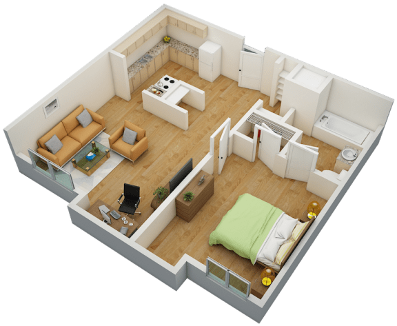 Floor Plan  One bedroom floor plan with bathroom, living room, and kitchen at Riverside Park