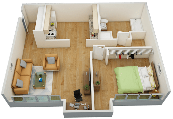 Floor Plan  One bedroom one bathroom apartment with living room and kitchen
