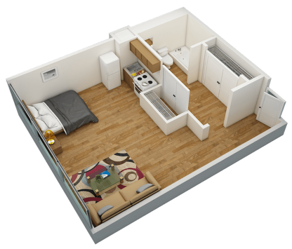 Floor Plan  Florida Christian Efficiency Apartment 3D floor plan with model furnishings