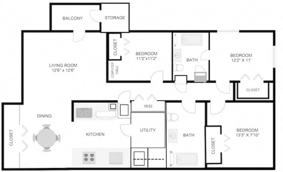 Floor Plan  Marion Green Apartments 3 bedroom 2 bathroom floor plan