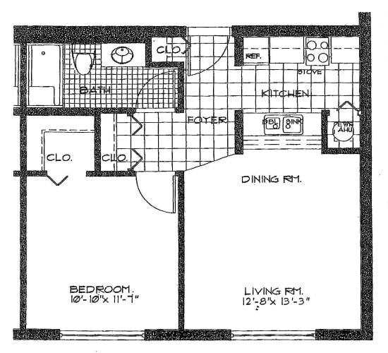 Floor Plan  One Bedroom One bathroom 590 square foot apartment at Villa Regina
