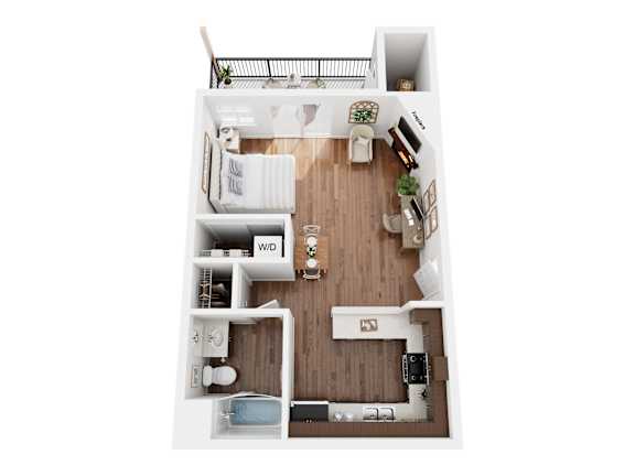 Floor Plan  A top down view of a small apartment with a kitchen, living room, and bathroom.