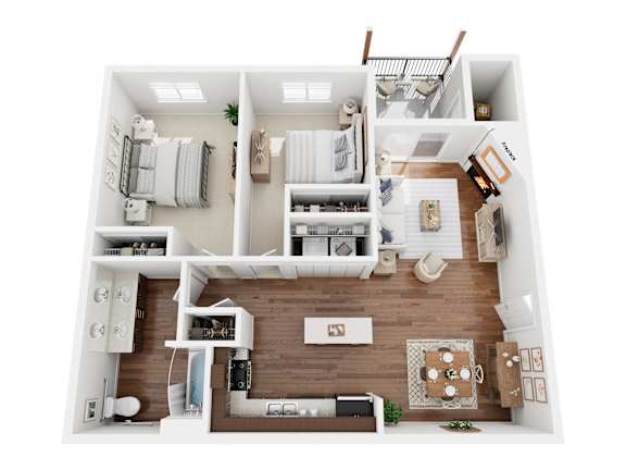Floor Plan  A top-down view of a well-organized apartment with a kitchen, living room, and bedrooms.