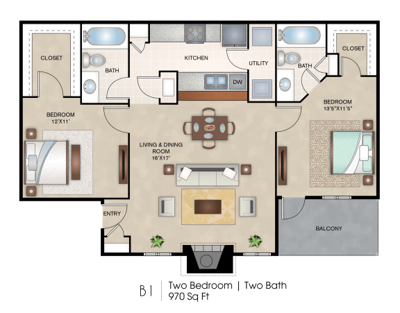 Floor Plan  The Chandler 2 Bed | 2 Bath | 970 Sq. Ft.  at Knox Allen Station, Allen, TX