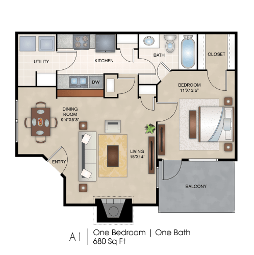 Floor Plan  The Aledo 1 Bed | 1 Bath | 680 Sq. Ft. at Knox Allen Station, Allen, Texas
