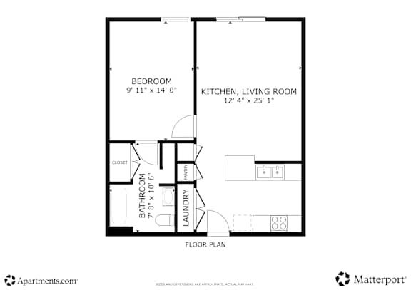 Floor Plan  A floor plan for an apartment with a bedroom, living room, kitchen, bathroom, and laundry.
