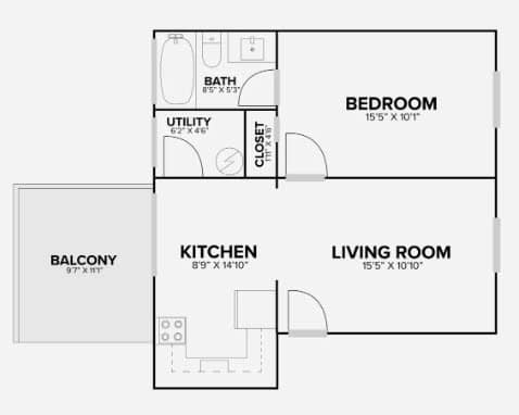 Floor Plan  A floor plan of a small apartment with a bedroom, living room, kitchen, and bathroom.