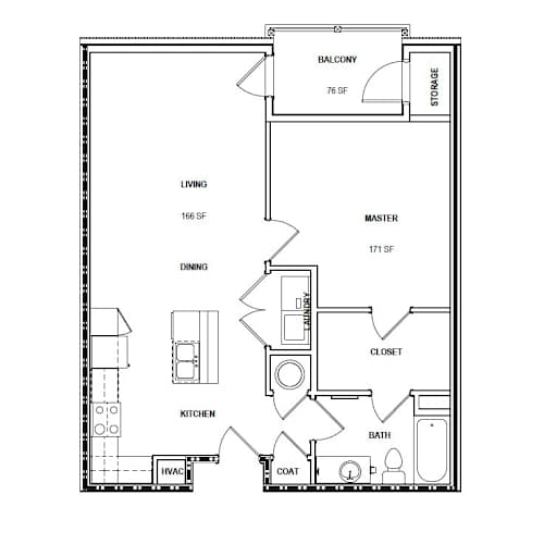Floor Plan  A floor plan of a small apartment with a living room, dining room, kitchen, bathroom, and bedrooms.