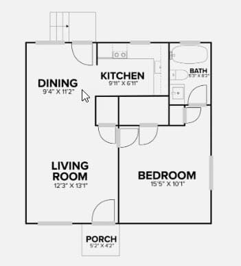 Floor Plan  A floor plan of a house with a living room, dining room, kitchen, bedroom, bathroom and porch.
