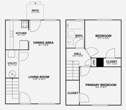 Floor Plan  A floor plan of a two-story home with a living room, dining area, kitchen, and multiple bedrooms.
