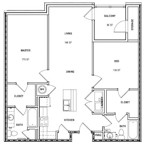 Floor Plan  A floor plan of a house with a living area, two closets, a kitchen, a bathroom, a dining area, a bedroom, and a balcony.