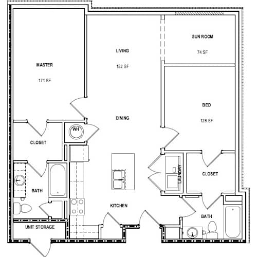 Floor Plan  A floor plan of a house with a master bedroom, a sun room, a living room, a dining room, a kitchen, and two bathrooms.