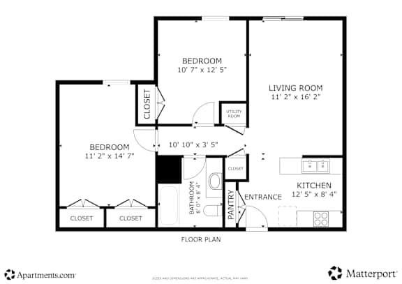Floor Plan  A floor plan for an apartment with two bedrooms, a living room, a kitchen, and a bathroom.
