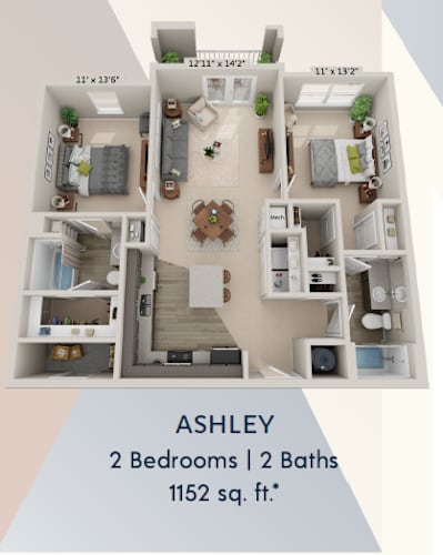 Floor Plan  A floor plan of a two bedroom, two bathroom apartment that is 1152 square feet.