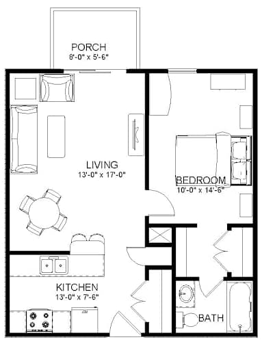 Floor Plan  A black and white image of a house floor plan with a porch, living room, kitchen, and bedroom.