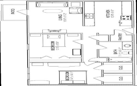 Floor Plan  A floor plan of a house with a kitchen, living room, dining room, and bathrooms.