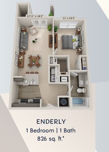 Floor Plan  A diagram of an enderly apartment with 1 bedroom and 1 bath.