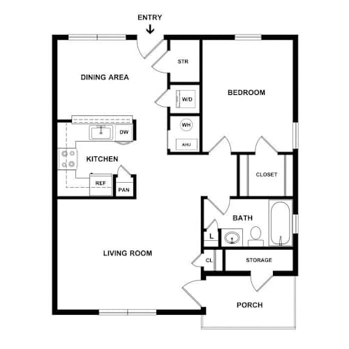 Floor Plan  A black and white floor plan of a house with an entry, dining area, kitchen, living room, bedroom, bath, closet, storage, and porch.