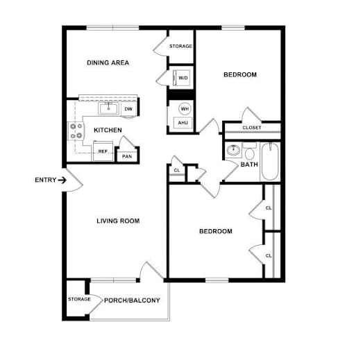 Floor Plan  A black and white floor plan of a house with an entry point.