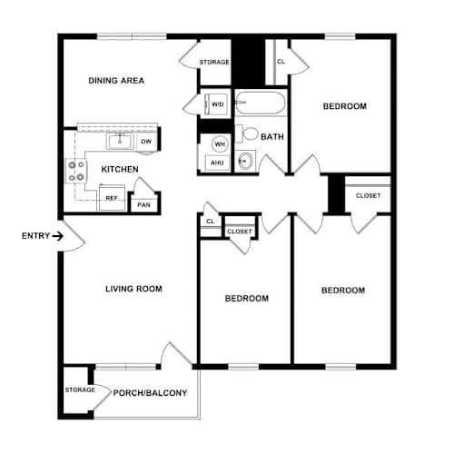 Floor Plan  A black and white floor plan of a house with labeled rooms.