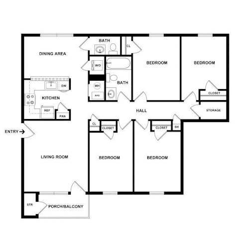 Floor Plan  A black and white floor plan of a house with labeled rooms.
