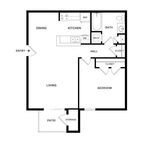 Floor Plan  A floor plan of a house with an entry way, dining room, kitchen, living room, two closets, a bathroom, a hallway, a bedroom, and a storage room.